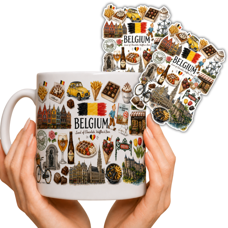 Zestaw kubek i 2 naklejki z Belgii – ceramiczny kubek 330ml Belgium Bruksela Brugia pamiątka prezent