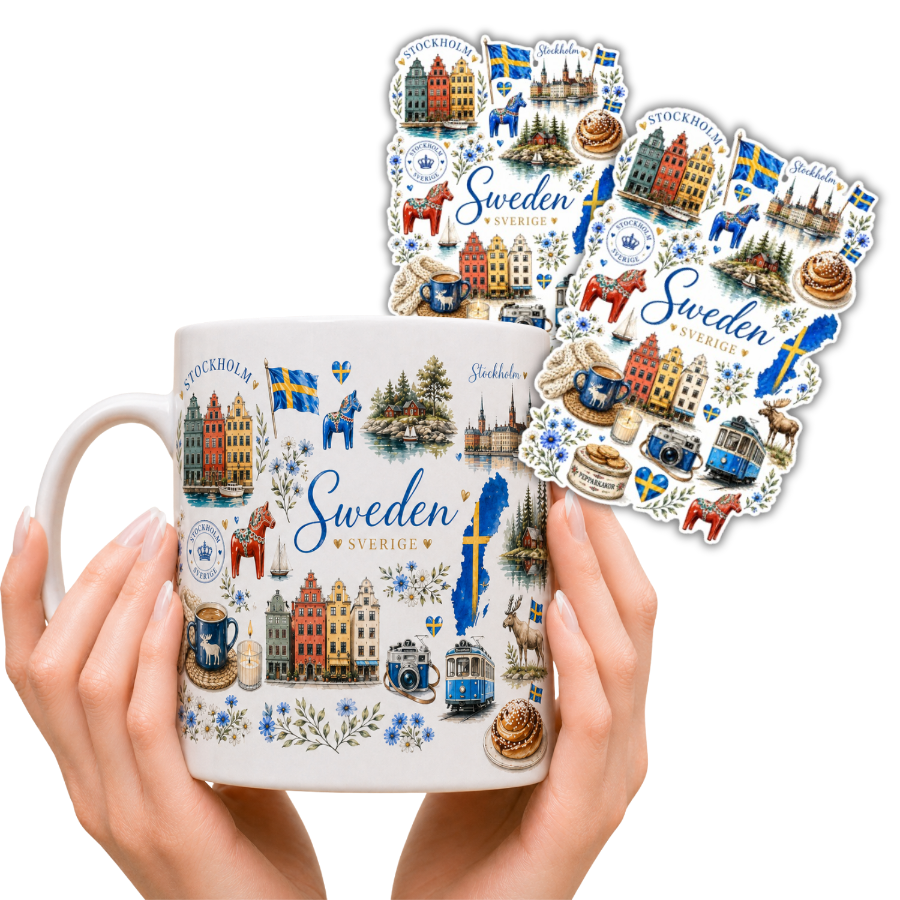 Zestaw kubek i 2 naklejki ze Szwecji – ceramiczny kubek 330ml Sweden Sztokholm pamiątka prezent