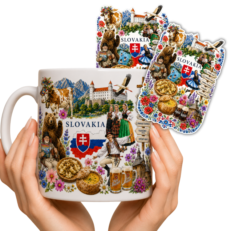 Zestaw kubek i 2 naklejki ze Słowacji – ceramiczny kubek 330ml Slovakia Tatry pamiątka prezent
