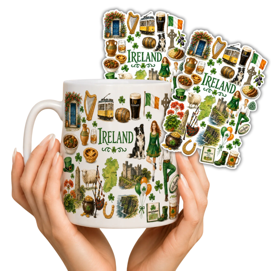 Zestaw kubek i 2 naklejki z Irlandii – ceramiczny kubek 330ml Ireland + naklejki pamiątka prezent z wakacji