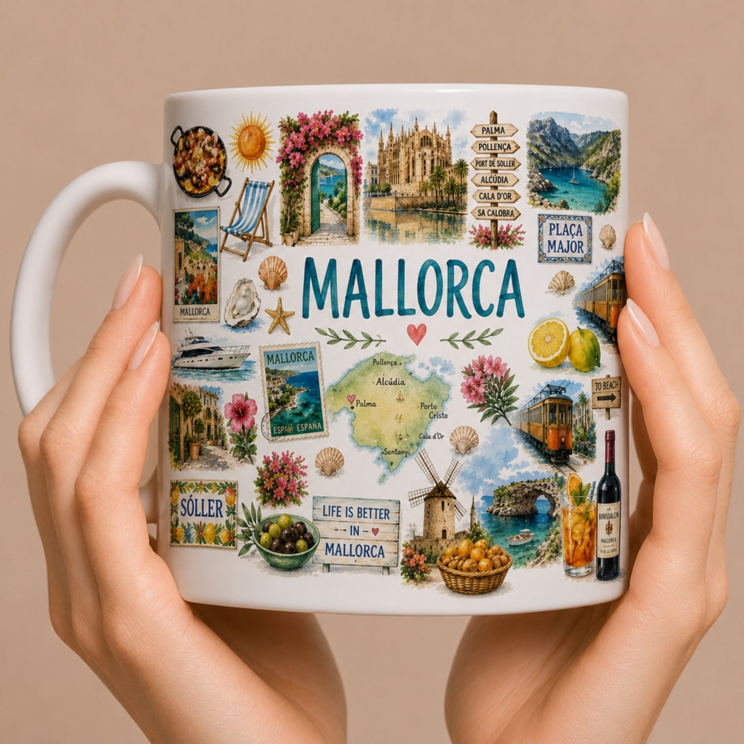 Kubek ceramiczny z motywem Mallorca – hiszpańska wyspa, plaże, słońce, środziemnomorskie krajobrazy, 330 ml