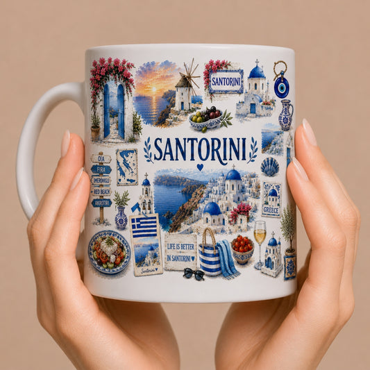 Kubek ceramiczny z motywem Santorini – grecka wyspa, białe domy, błękitne kopyły, Morze Egejskie, 330 ml