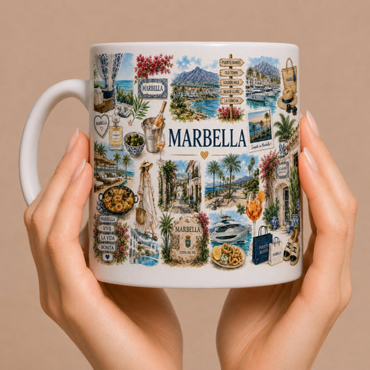 Kubek ceramiczny z motywem Marbella – Costa del Sol, Hiszpańskie Riviera, port, słońce, 330 ml