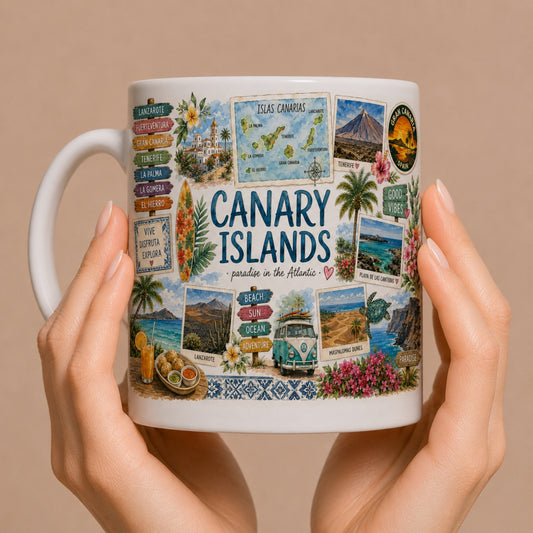 Kubek ceramiczny z motywem Wyspy Kanaryjskie (Canary Islands) – Teneryfa, Gran Canaria, wulkany, Hiszpania, 330 ml
