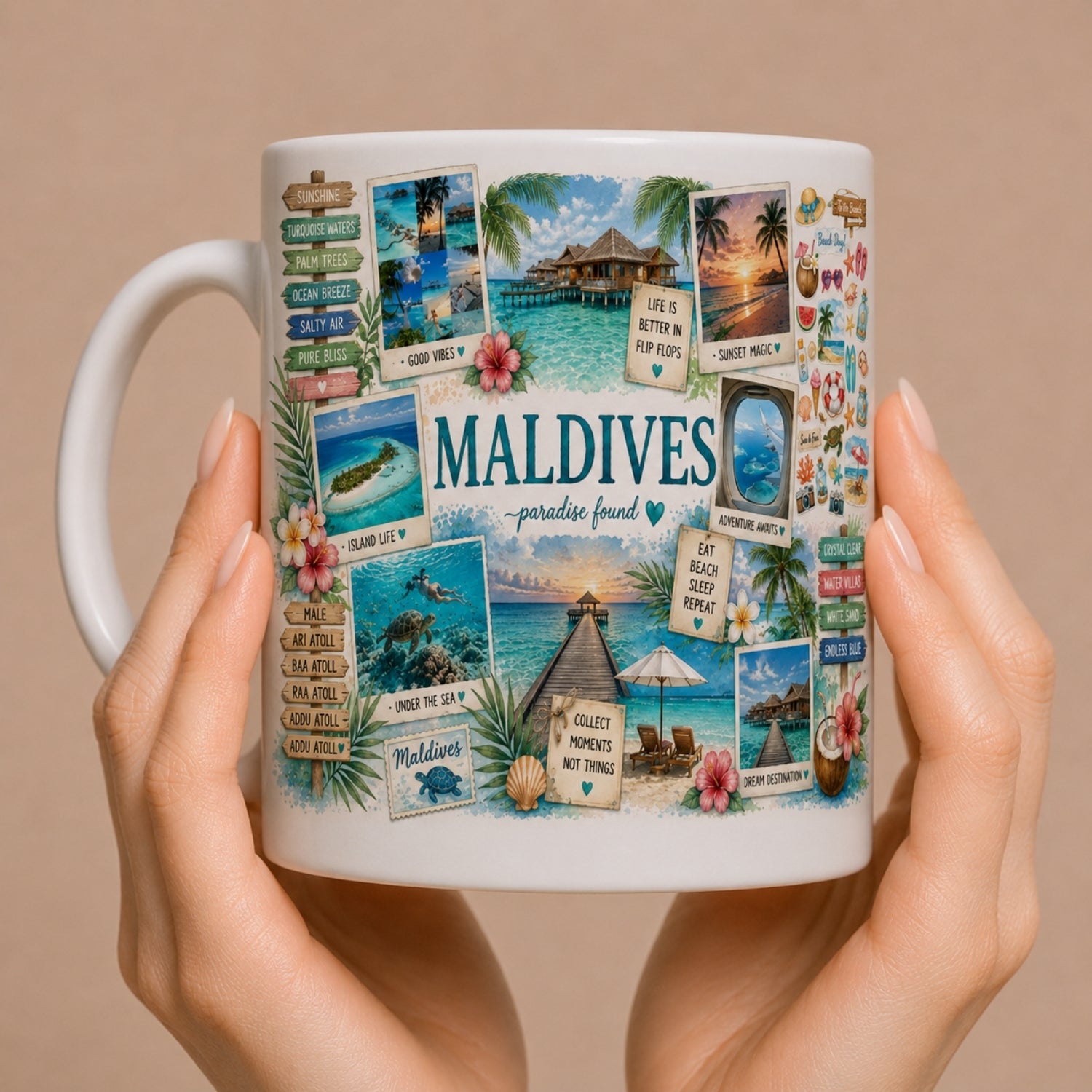 Kubek ceramiczny z motywem Malediwy – tropikalne wyspy Oceanu Indyjskiego, turkusowe wody, Maldives, 330 ml