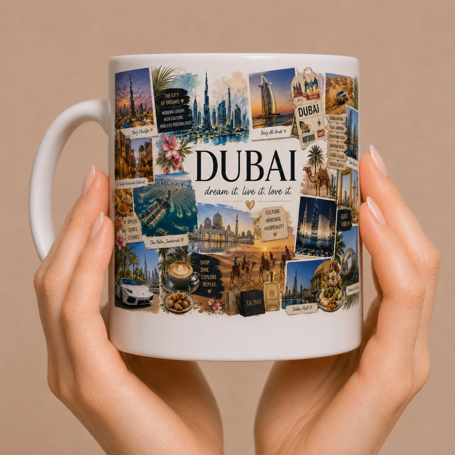 Kubek ceramiczny z motywem Dubaj – Burdj Chalifa, nowoczesna architektura, Emiraty Arabskie, luksus, 330 ml