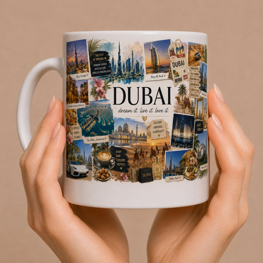 Kubek ceramiczny z motywem Dubaj – Burdj Chalifa, nowoczesna architektura, Emiraty Arabskie, luksus, 330 ml
