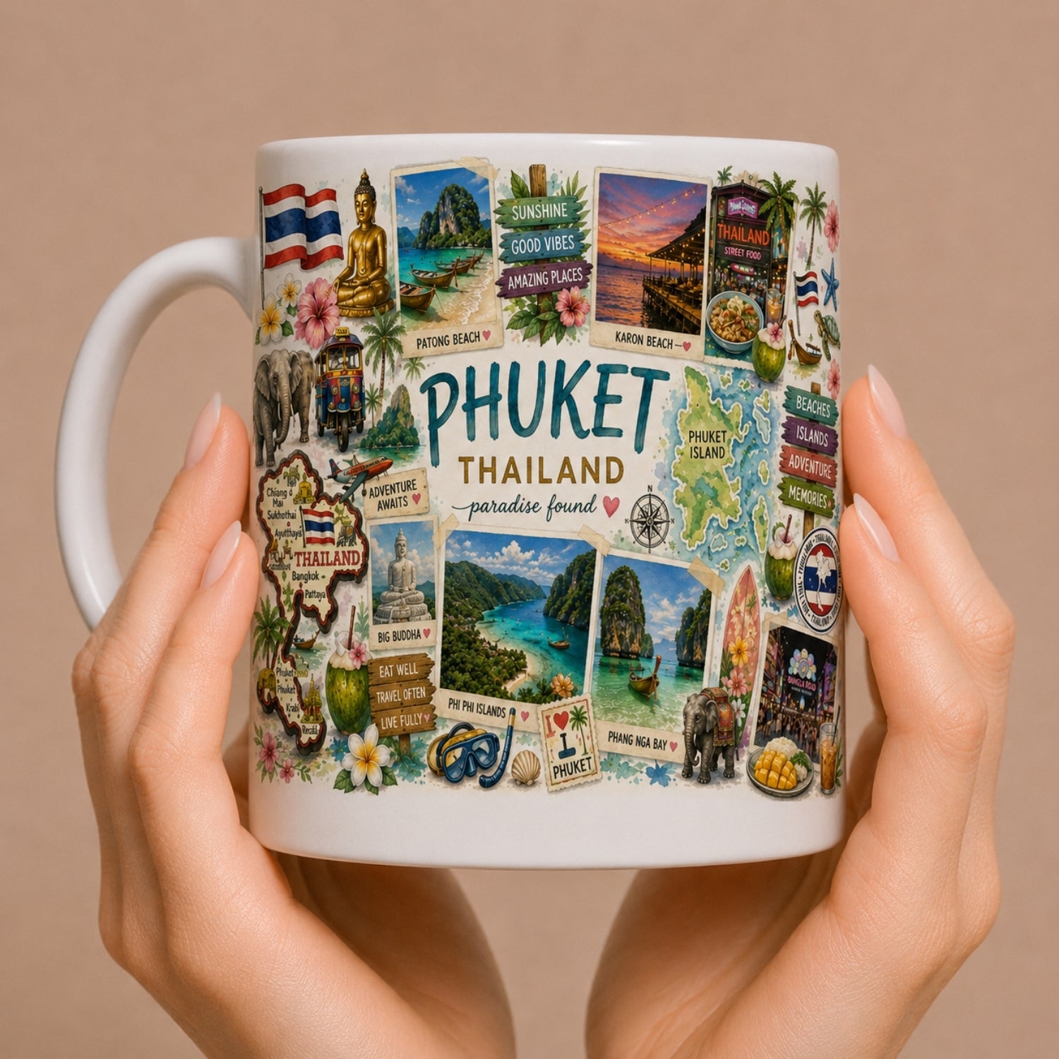 Kubek ceramiczny z motywem Phuket Tajlandia – tropikalne wyspy, egzotyczne plaże, Azja Południowo-Wschodnia, 330 ml