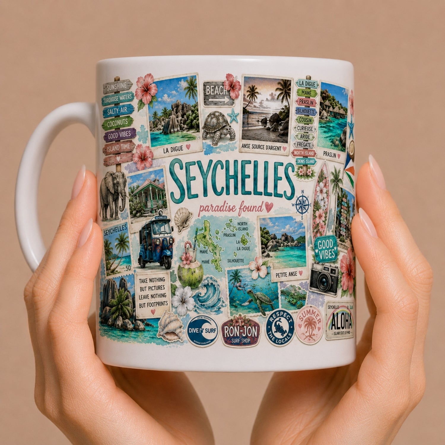 Kubek ceramiczny z motywem Seychelles (Seszele) – turkusowe wyspy Oceanu Indyjskiego, egzotyczne plaże, 330 ml
