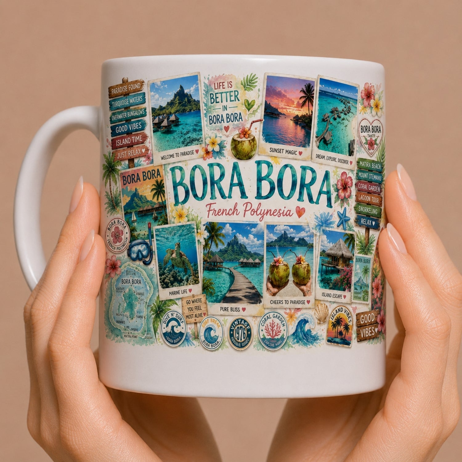Kubek ceramiczny z motywem Bora Bora – turkusowa laguna, palmy, rajska wyspa, Polinezja Francuska, 330 ml