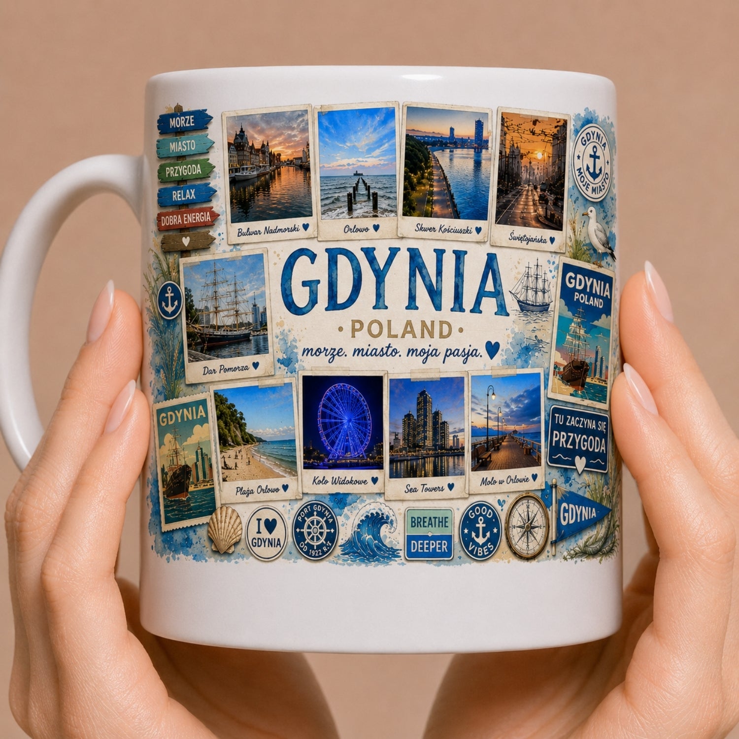 Kubek ceramiczny z motywem Gdynia – port morski, Bałtyk, Trójmiasto, nowoczesne miasto, nadruk Gdynia Poland, 330 ml