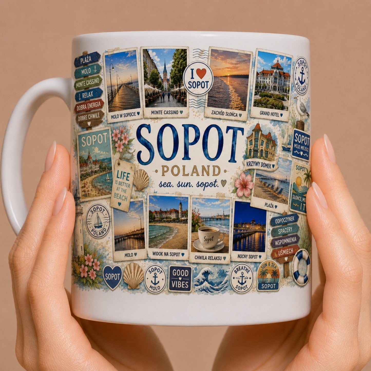 Kubek ceramiczny z motywem Sopot – molo, Bałtyk, nadmorski kurort, Trójmiasto, nadruk Sopot Poland, 330 ml