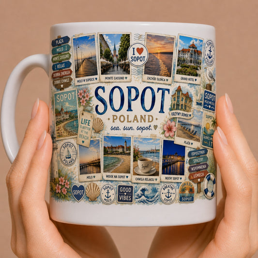 Kubek ceramiczny z motywem Sopot – molo, Bałtyk, nadmorski kurort, Trójmiasto, nadruk Sopot Poland, 330 ml