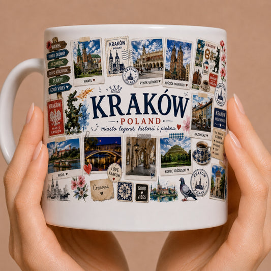 Kubek ceramiczny z motywem Kraków – Wawel, Rynek Główny, Sukiennice, dawna stolica Polski, nadruk Kraków Poland, 330 ml
