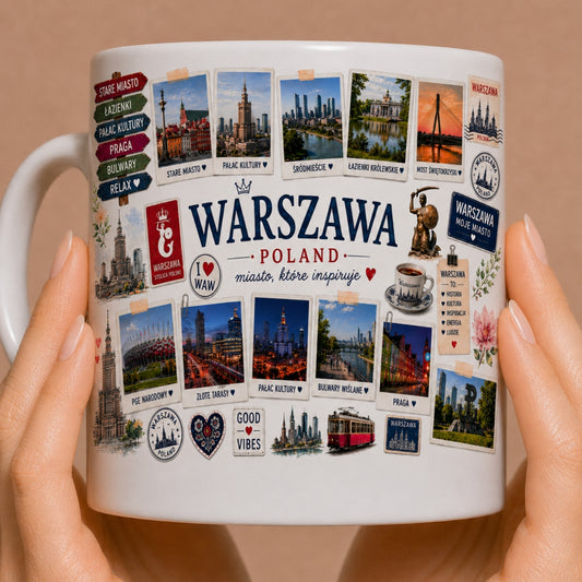 Kubek ceramiczny z motywem Warszawa – Stare Miasto, Pałac Kultury, Wisła, stolica Polski, nadruk Warszawa Poland, 330 ml