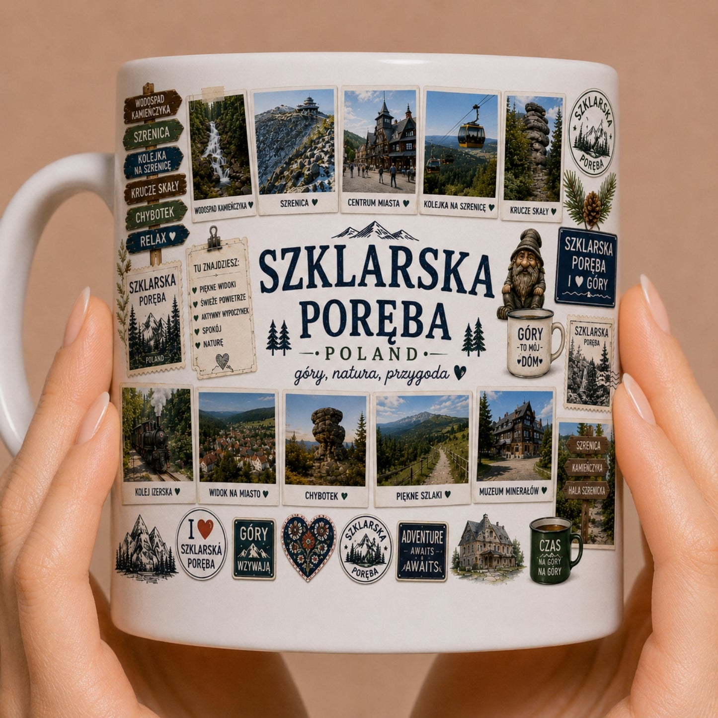 Kubek ceramiczny z motywem Szklarska Poręba – Karkonosze, Wodospad Szklarki, górski kurort, Sudety, 330 ml