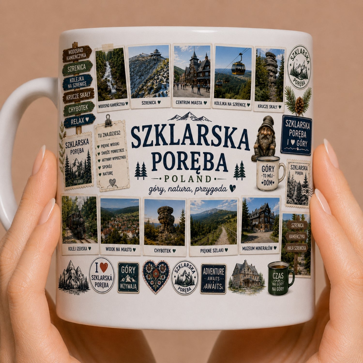 Kubek ceramiczny z motywem Szklarska Poręba – Karkonosze, Wodospad Szklarki, górski kurort, Sudety, 330 ml