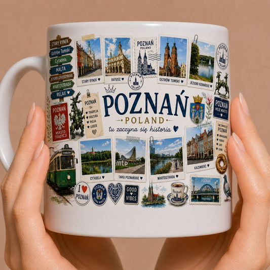Kubek ceramiczny z motywem Poznań – Stary Rynek, Ratusz, koziałki, Cytadela, nadruk Poznań Poland, 330 ml