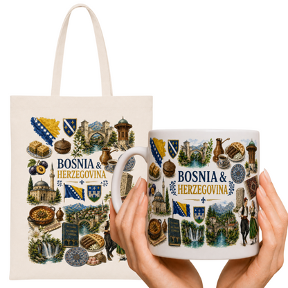 Zestaw torba bawełniana i kubek ceramiczny Bośnia – prezent z wakacji