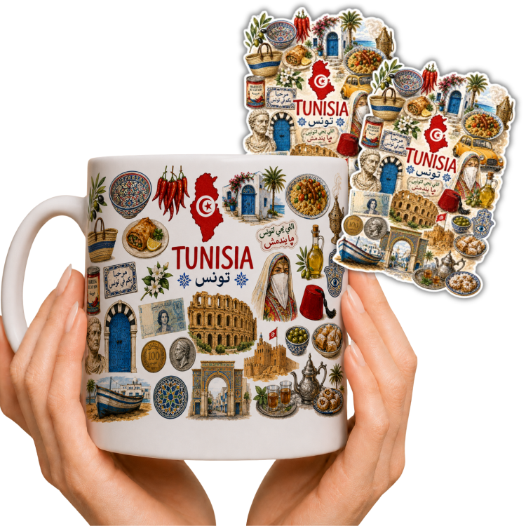 Zestaw kubek i 2 naklejki z Tunezji – ceramiczny kubek 330ml Tunisia pamiątka prezent wakacyjny