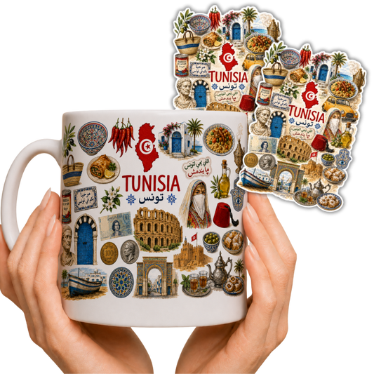 Zestaw kubek i 2 naklejki z Tunezji – ceramiczny kubek 330ml Tunisia pamiątka prezent wakacyjny