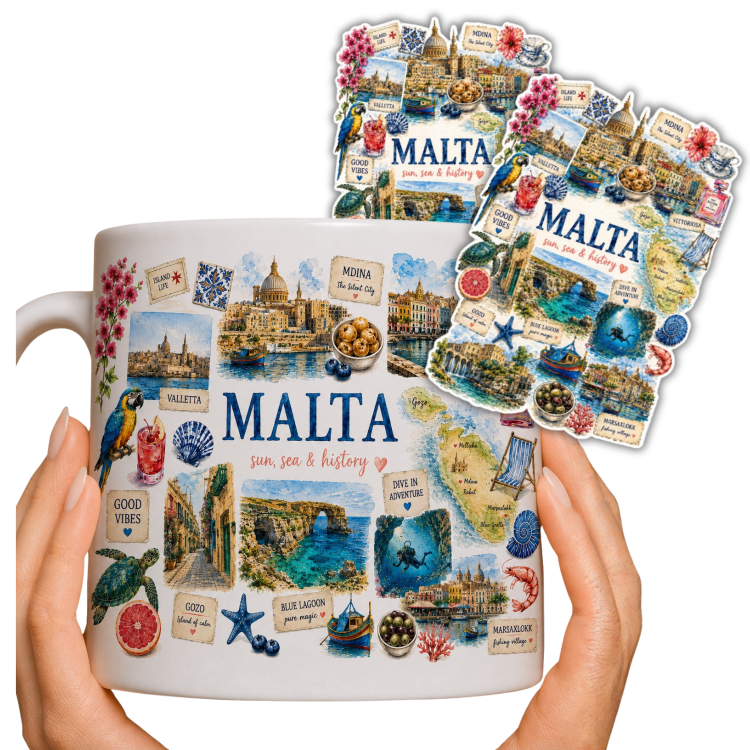 Zestaw kubek i 2 naklejki z Malty – ceramiczny kubek 330ml z motywem Malta sun sea & history i naklejki pamiątka prezent