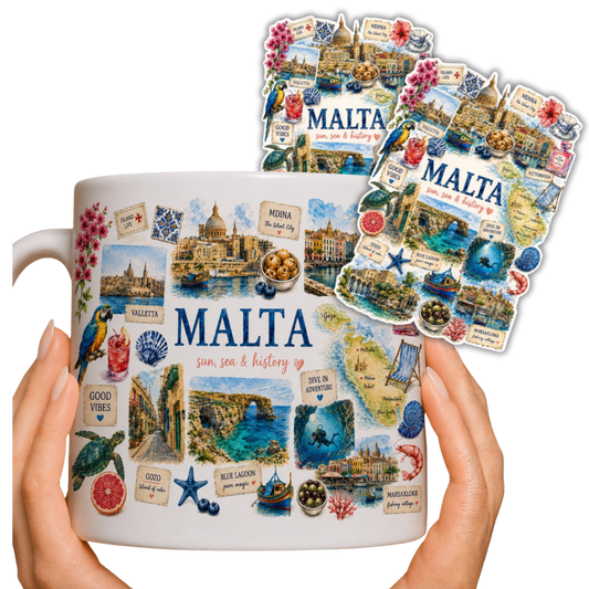 Zestaw kubek i 2 naklejki z Malty – ceramiczny kubek 330ml z motywem Malta sun sea & history i naklejki pamiątka prezent