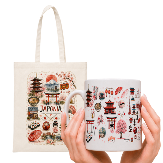 Zestaw torba bawełniana i kubek ceramiczny Japonia – prezent z wakacji