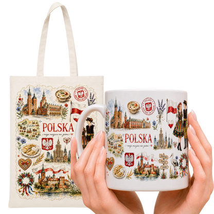 Zestaw torba bawełniana i kubek ceramiczny Polska – prezent z wakacji