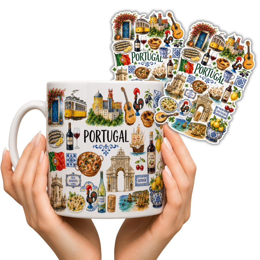 Zestaw kubek i 2 naklejki z Portugalii – ceramiczny kubek 330ml Portugal Lizbona pamiątka prezent