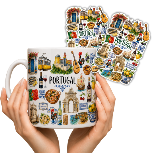 Zestaw kubek i 2 naklejki z Portugalii – ceramiczny kubek 330ml Portugal Lizbona pamiątka prezent