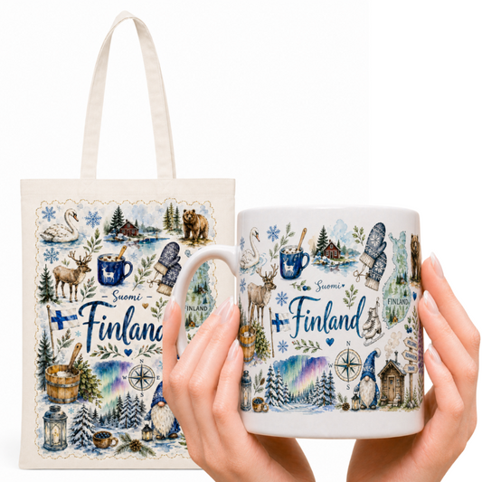 Zestaw torba bawełniana i kubek ceramiczny Finlandia – prezent z wakacji