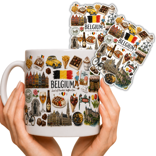 Zestaw kubek i 2 naklejki z Belgii – ceramiczny kubek 330ml Belgium Bruksela Brugia pamiątka prezent