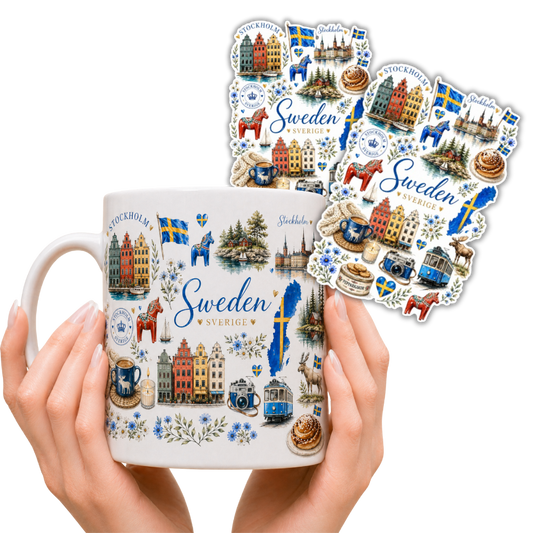 Zestaw kubek i 2 naklejki ze Szwecji – ceramiczny kubek 330ml Sweden Sztokholm pamiątka prezent
