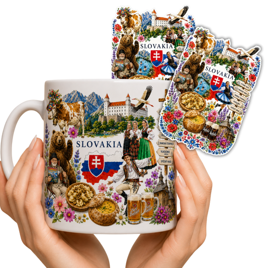 Zestaw kubek i 2 naklejki ze Słowacji – ceramiczny kubek 330ml Slovakia Tatry pamiątka prezent
