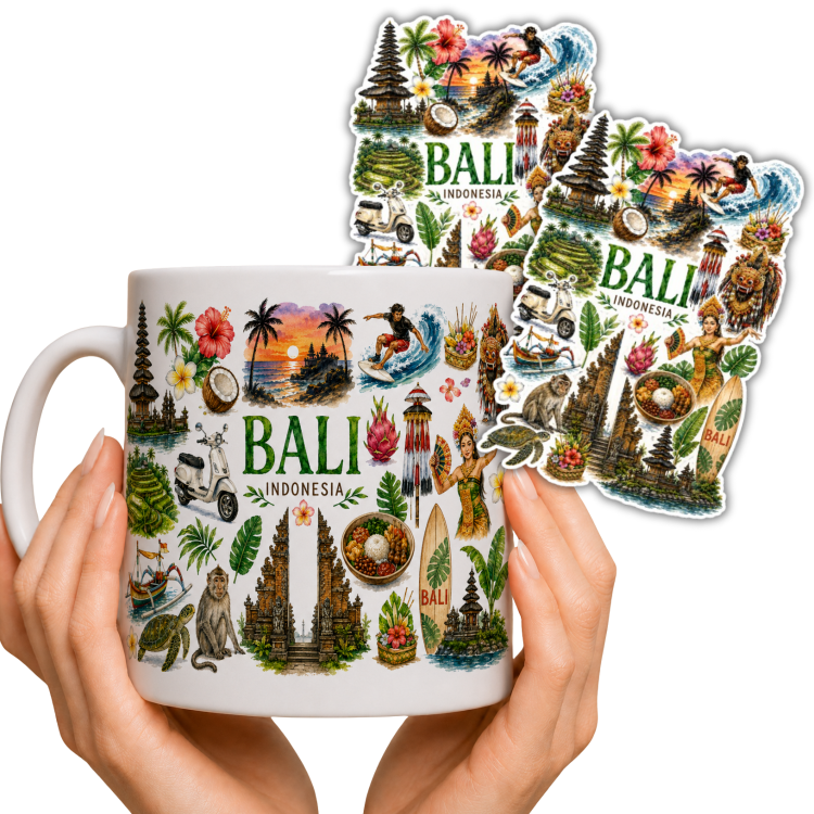 Zestaw kubek i 2 naklejki z Bali – ceramiczny kubek 330ml Bali Indonesia tropikalny pamiątka prezent