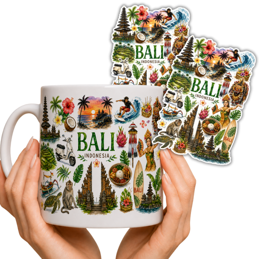 Zestaw kubek i 2 naklejki z Bali – ceramiczny kubek 330ml Bali Indonesia tropikalny pamiątka prezent