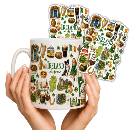 Zestaw kubek i 2 naklejki z Irlandii – ceramiczny kubek 330ml Ireland + naklejki pamiątka prezent z wakacji