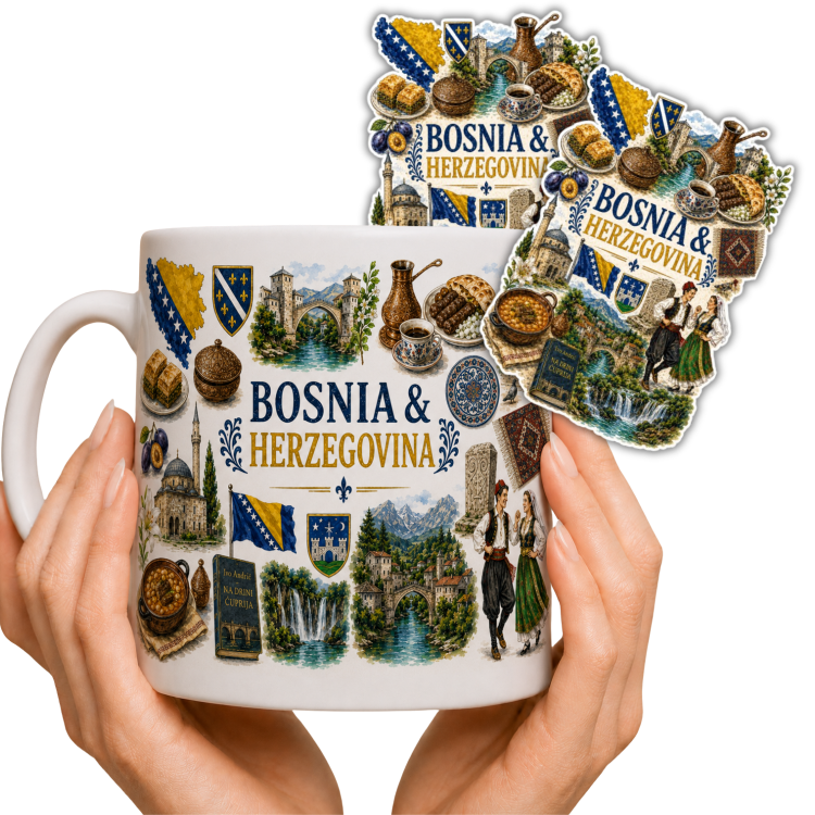 Zestaw kubek i 2 naklejki z Bośni i Hercegowiny – ceramiczny kubek 330ml Bosnia Herzegovina pamiątka prezent