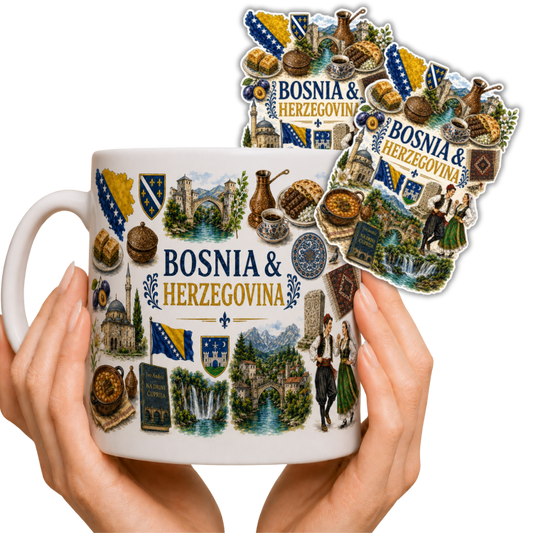 Zestaw kubek i 2 naklejki z Bośni i Hercegowiny – ceramiczny kubek 330ml Bosnia Herzegovina pamiątka prezent