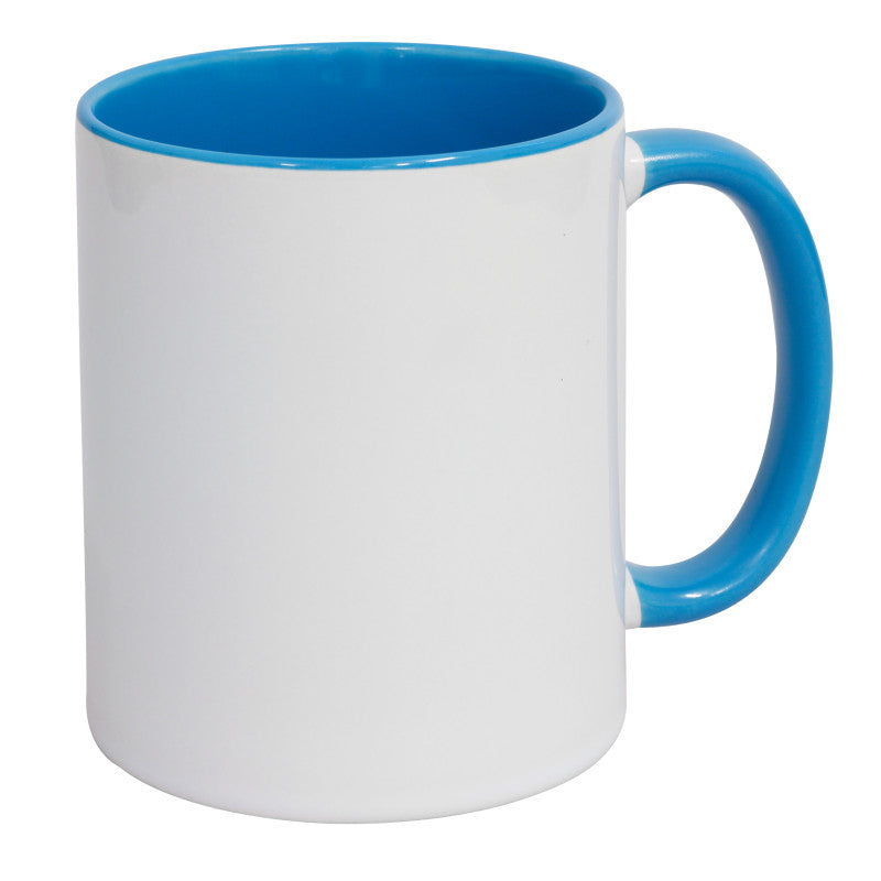 Kubek ceramiczny do sublimacji – biały z niebieskim uszkiem i wnętrzem, 330 ml