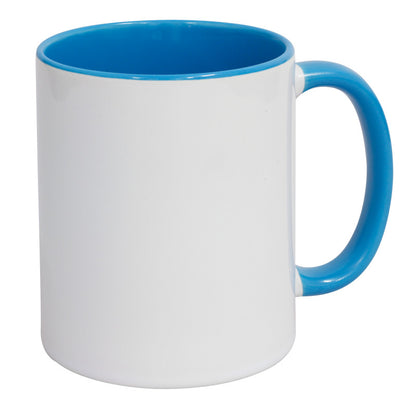 Kubek ceramiczny do sublimacji – biały z niebieskim uszkiem i wnętrzem, 330 ml