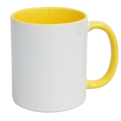 Kubek ceramiczny do sublimacji – biały z żółtym uszkiem i wnętrzem, 330 ml